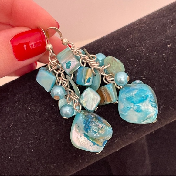 Vintage Real Shell Turquoise Summer Beach Tropical Vacation Festival Earrings - Picture 6 of 7